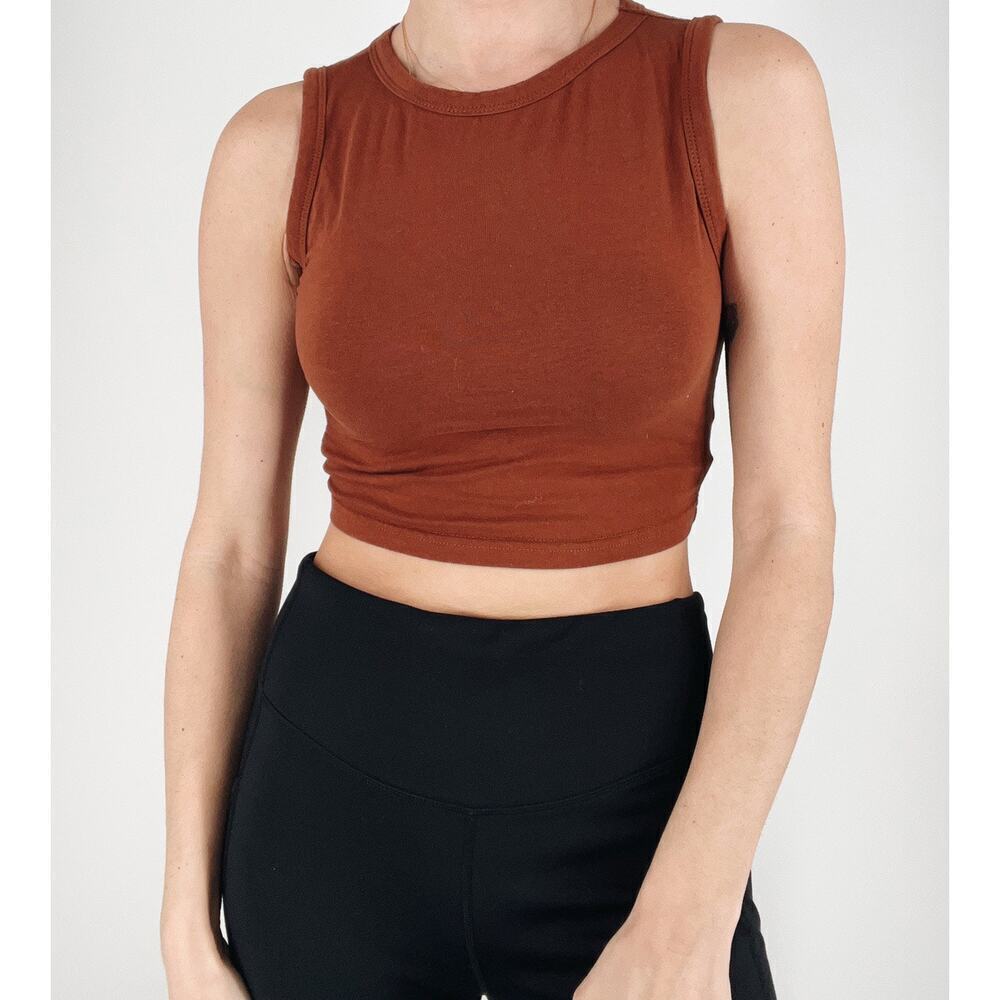 Women's Solid Brown Orange Jewel Neckline Crop Top Size Small